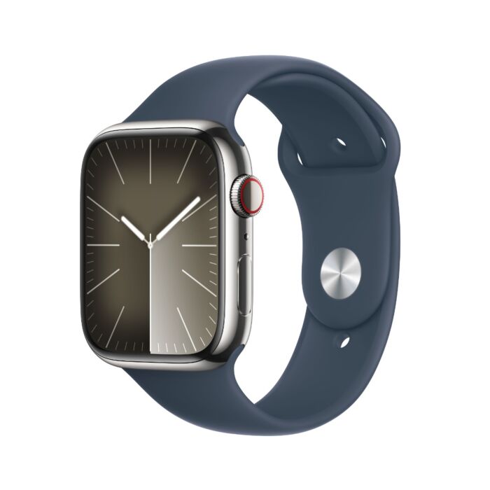 שעון אפל Apple Watch Series 9 GPS + Cellular 45mm Silver Stainless Steel Storm Blue Sport Band M/L MRMP3QI/A