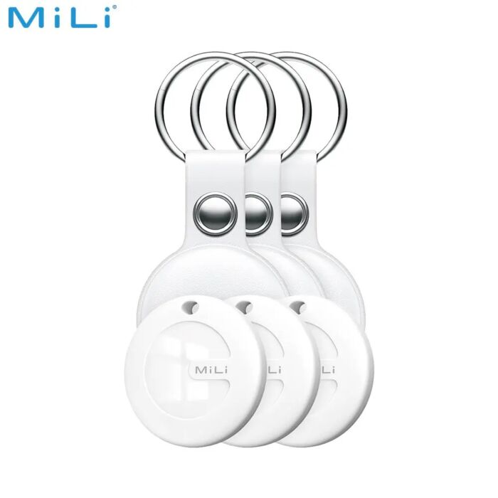 תגי איתור עם נרתיק דמוי עור MiLi MiTag Duo Item Finder with Leather Case, White (3-Pack) - 576284