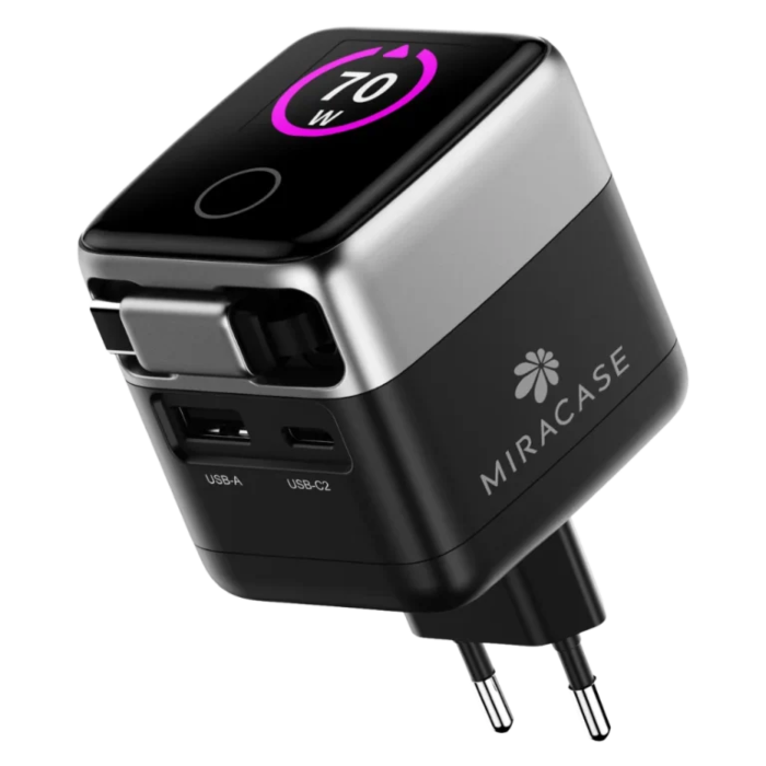 מטען קיר Miracase MWC70RC 70W GaN Wall Charger with Retractable USB-C Cable (Black)