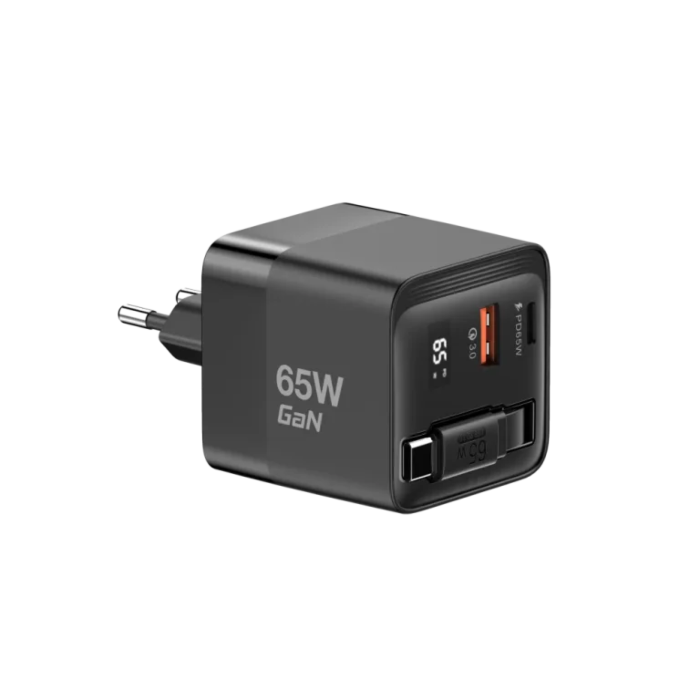 מטען קיר Miracase MWC65RC 65W GaN Wall Charger with Retractable USB-C Cable (Black)