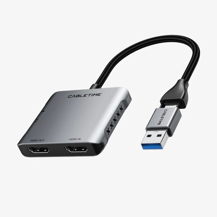Cabletime USB 3.0 USB-A + USB-C to HDMI Capture Adapter, Loop-Out