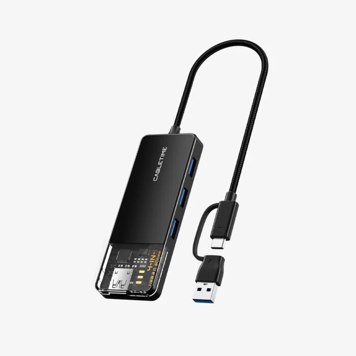 Cabletime 4-Port USB 3.0 Hub with USB-A + USB-C Input, 5Gbps, 15cm
