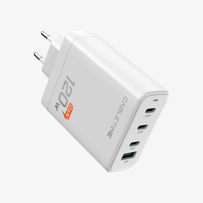 מטען קיר Cabletime GaN PD 3.1 3×USB-C + USB-A Wall Charger, 120W, EU Plug - CT-GAN120-PW