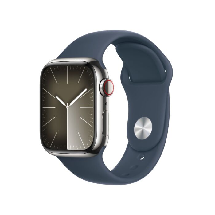 שעון אפל Apple Watch Series 9 GPS + Cellular 41mm Silver Stainless Steel Storm Blue Sport Band S/M MRJ23QI/A